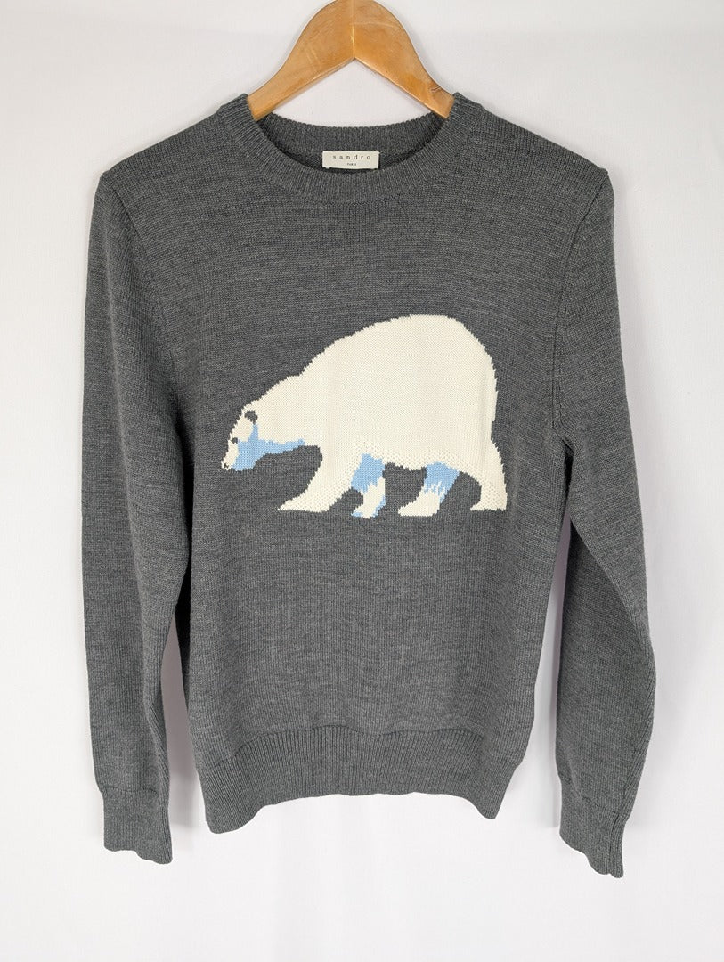 Pull gris Sandro Paris motif ours taille M