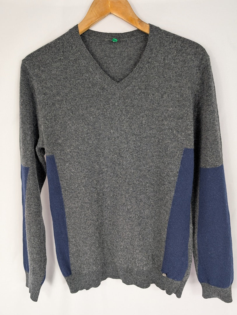 Pull col V laine gris et bleu United Colors of Benetton